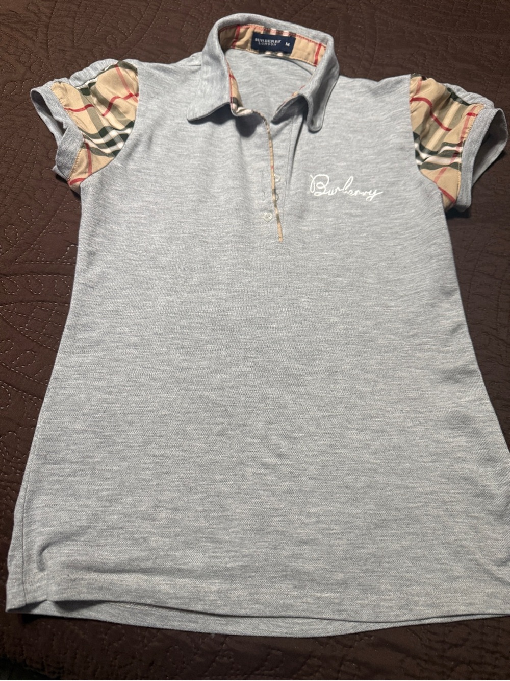 Burberry Light Gray Top with Beige Vintage Check Trim
